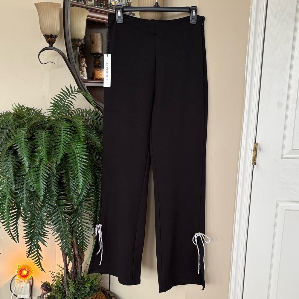 Brand New LULUMARI Black Flare Pants w/ Rhinestone Bows Ankle Split Trousers